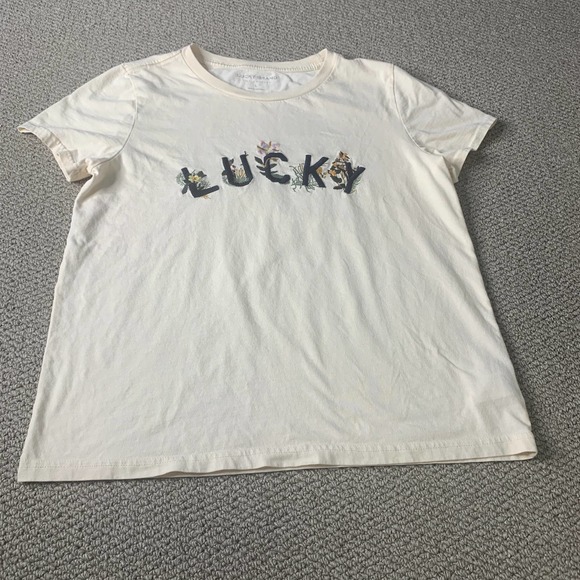 Lucky Brand Womens Tee Shirt Size Large Cream Floral Embroidered‎ Short Sleeves - Picture 1 of 13